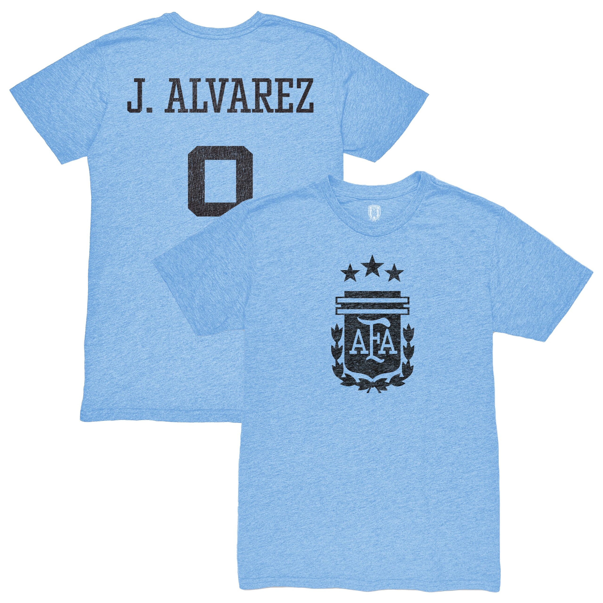 Shop julián Álvarez argentina national team 1863fc player retro tri-blend t-shirt – light blue – Argentina National Team Jerseys & T-Shirts for True Fans