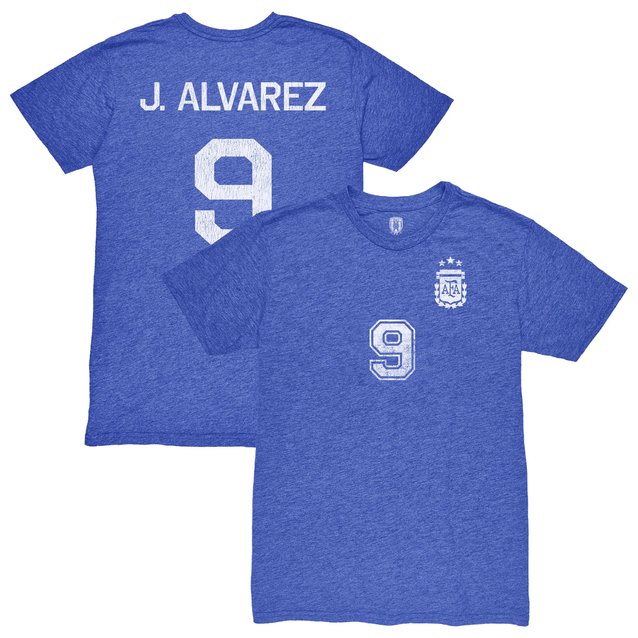 Shop julián Álvarez argentina national team 1863fc retro name amp number tri-blend t-shirt – blue – Argentina National Team Jerseys & T-Shirts for True Fans