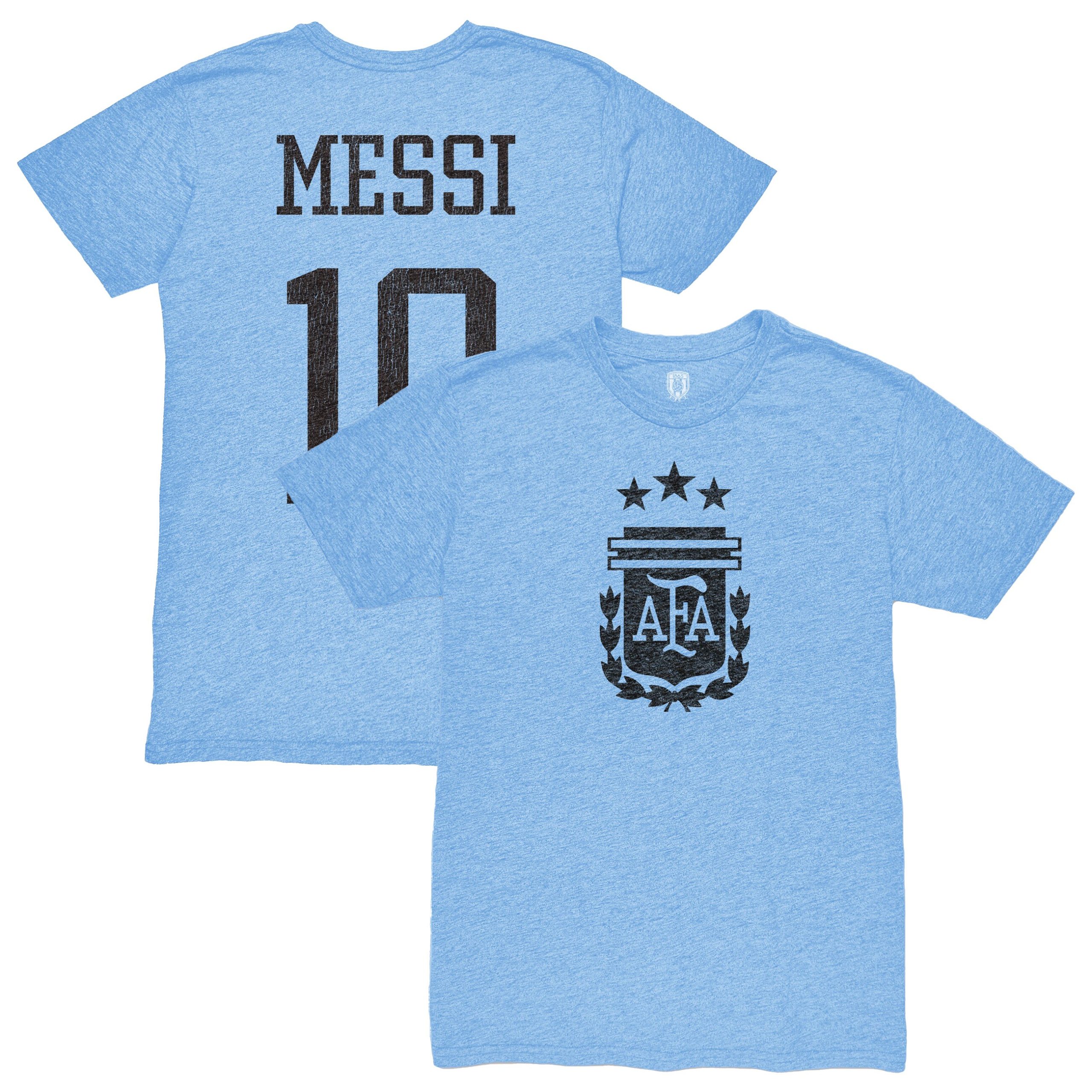 Shop lionel messi argentina national team 1863fc player retro tri-blend t-shirt – light blue – Argentina National Team Jerseys & T-Shirts for True Fans